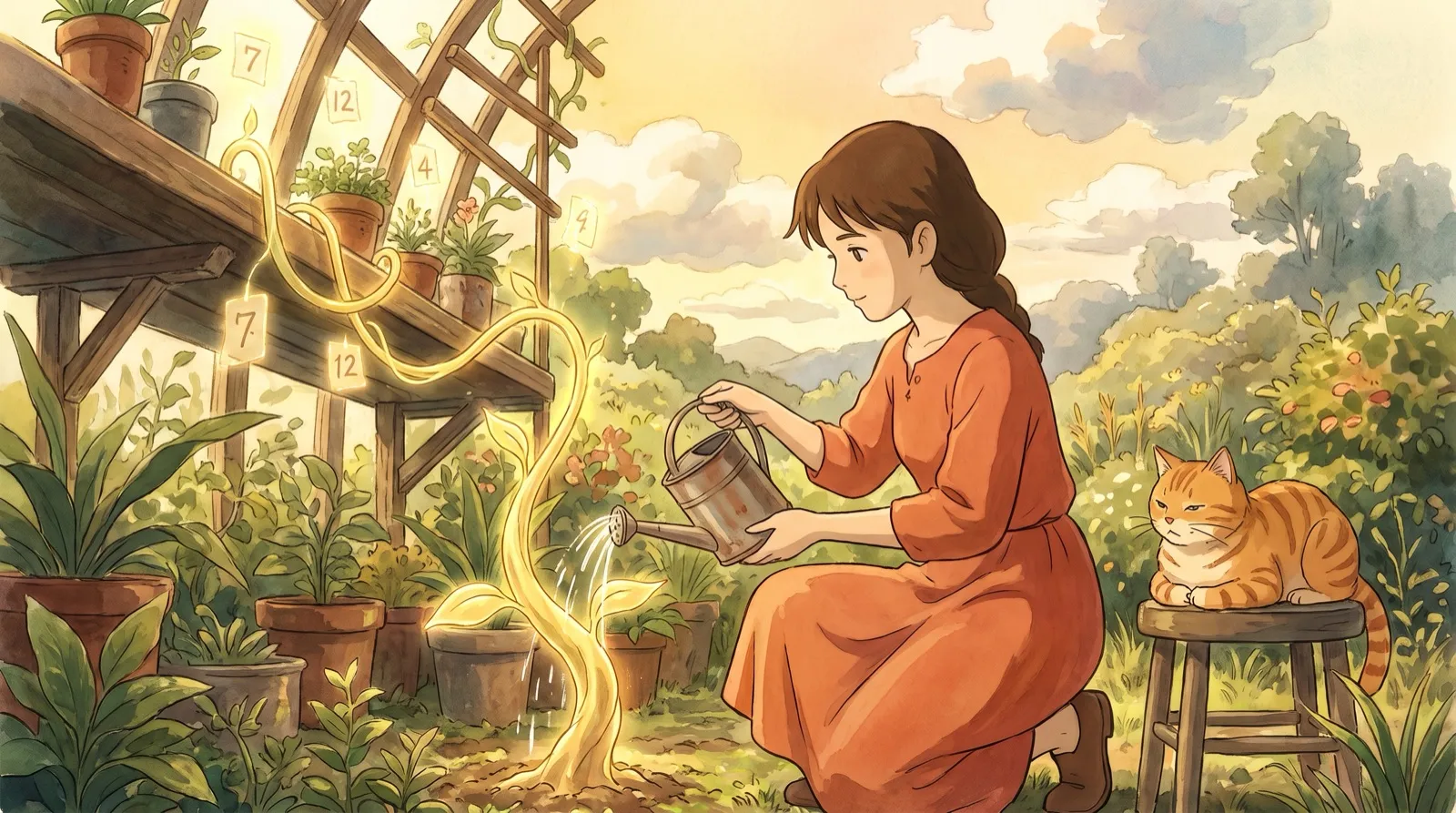 Watering a nearly-grown plant up onto the top shelf, position 11 to page one