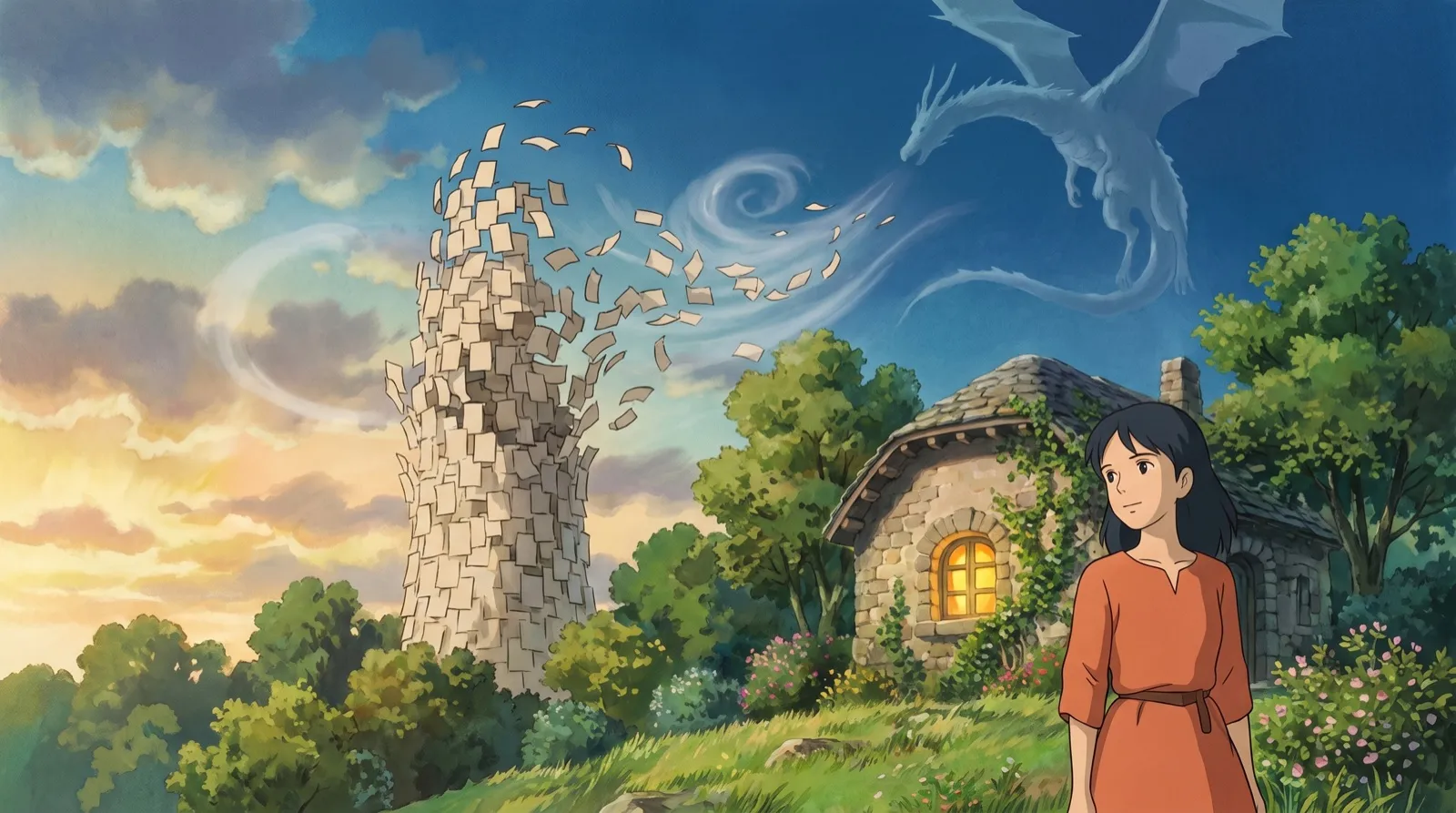 A cheater tower of copied pages swept away while her stone cottage stands firm