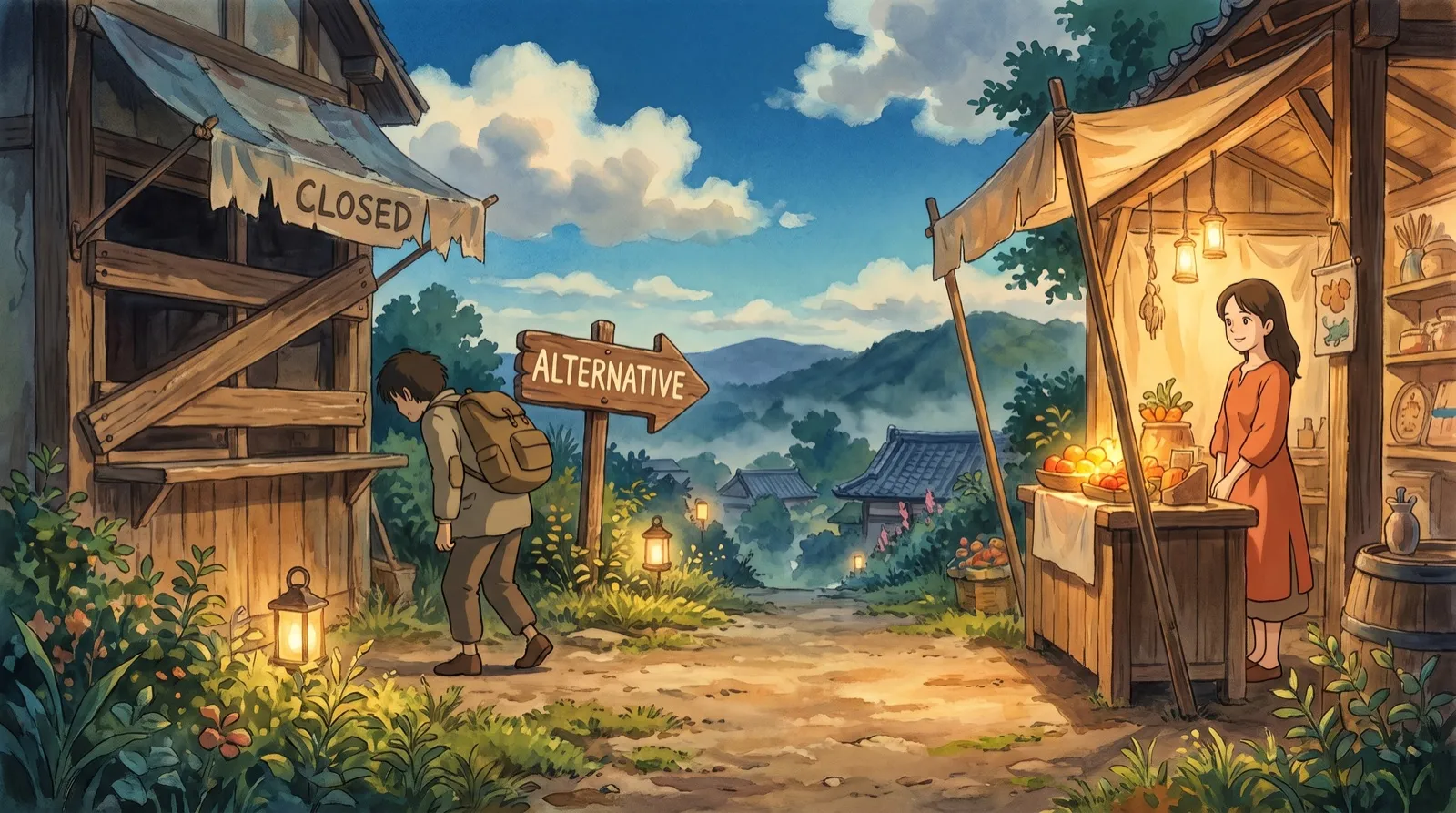An arrow-sign guiding a disappointed customer from a rival stall to hers