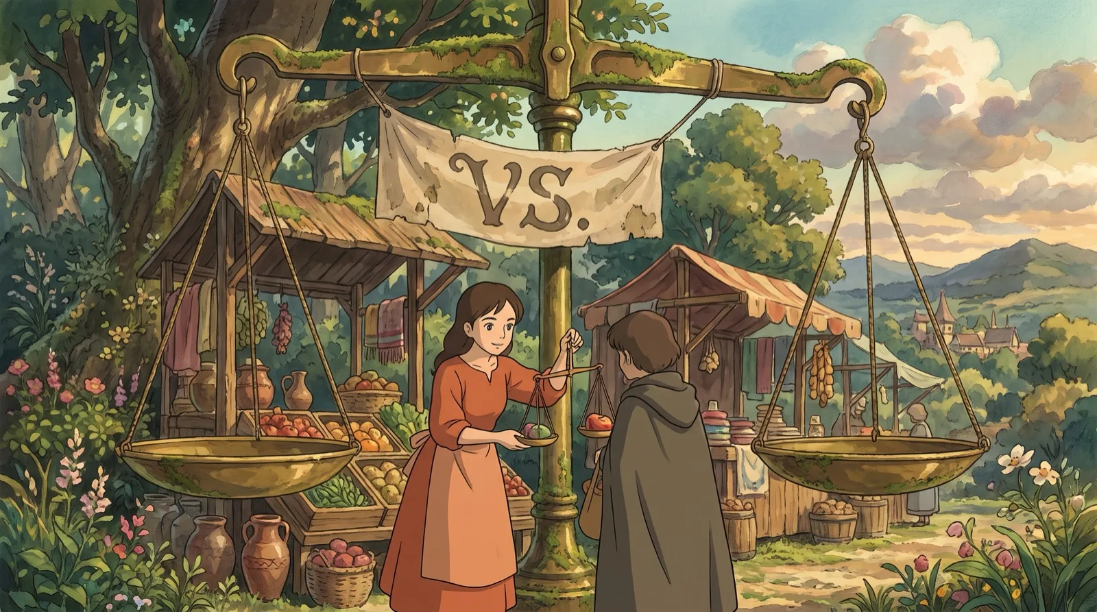 Two stalls weighed under giant brass scales, the vs comparison page