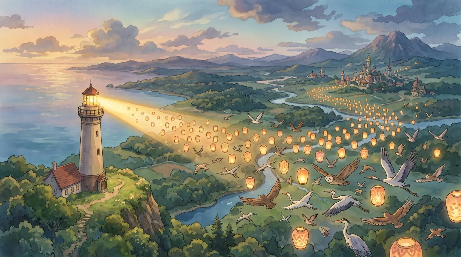 One lighthouse beam split into many lanterns carried across the land