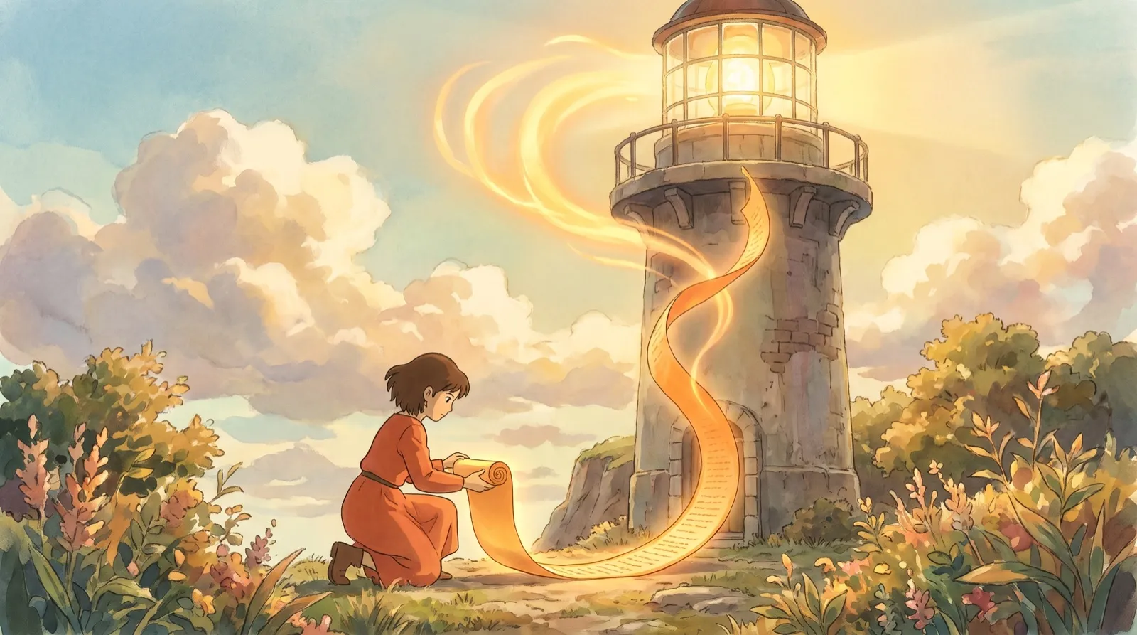 Unrolling a long transcript-scroll that fuels the lighthouse lamp