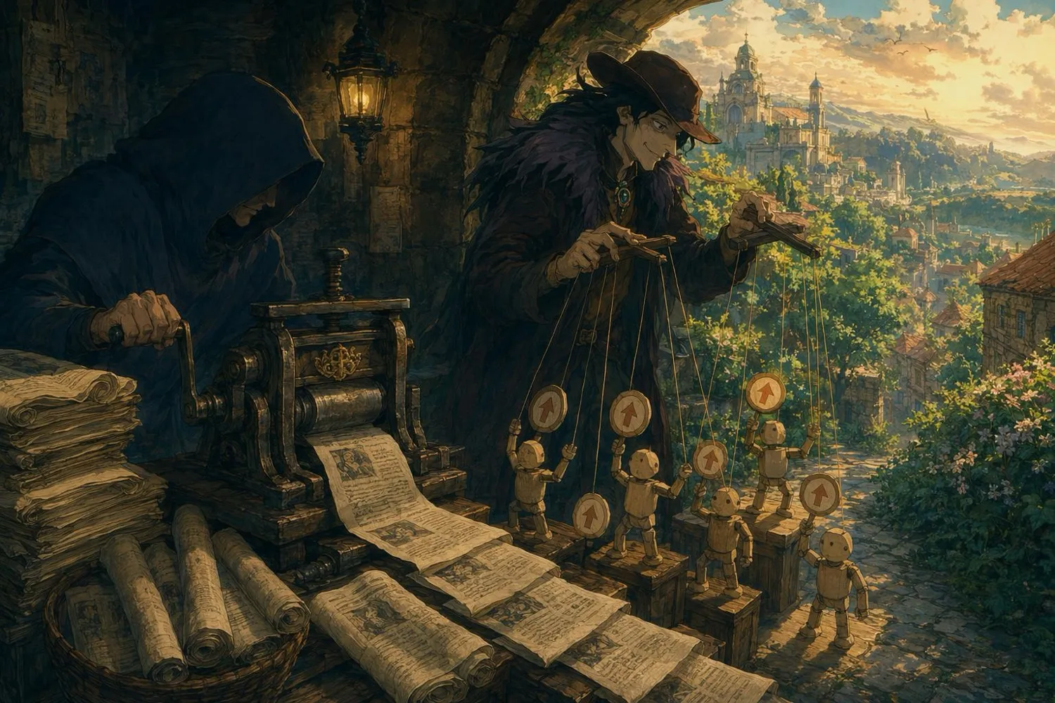 A forger stamping identical fake news-scrolls; a puppeteer works upvote-marionettes