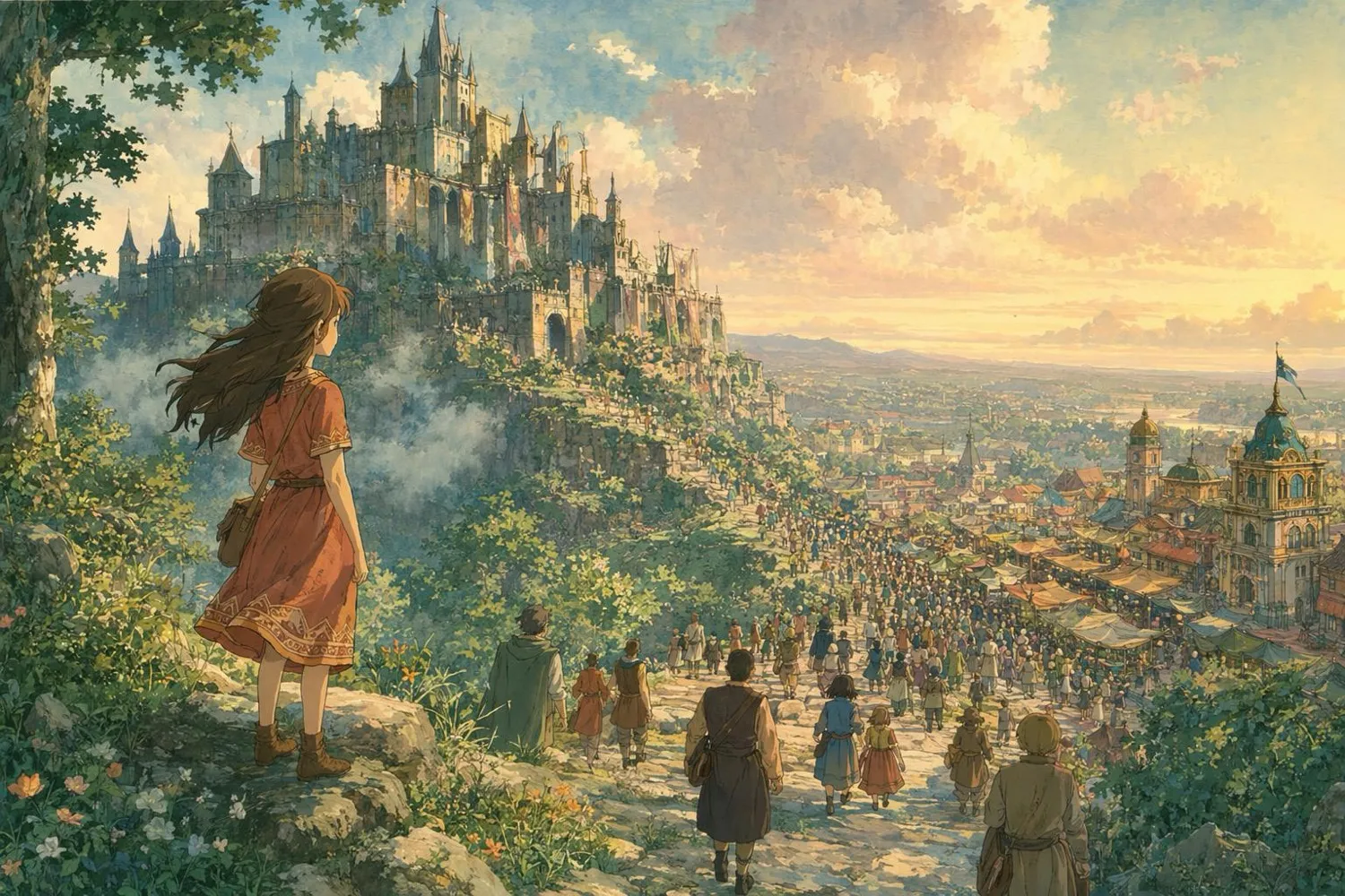 The old blog-castle emptying as the crowd streams into the glowing bazaar